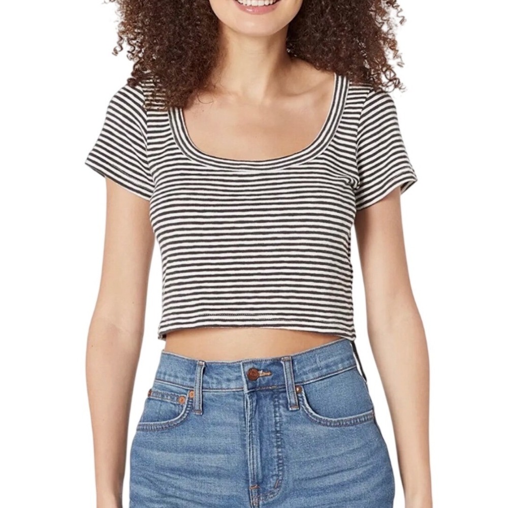 Madewell Womens Black White Striped Scoop Neck Short Sleeve Crop Top Size M